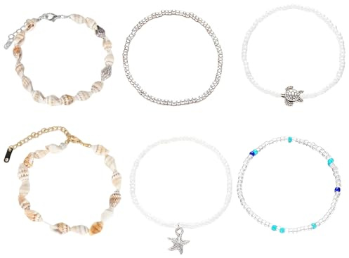 AstraGlam 6 Stück Boho Fussketten Für Frauen – Verstellbare Fußkette Mit Muschel, Perlen, Seestern Und Meeresschmuck Im Sommerlichen Strandstil