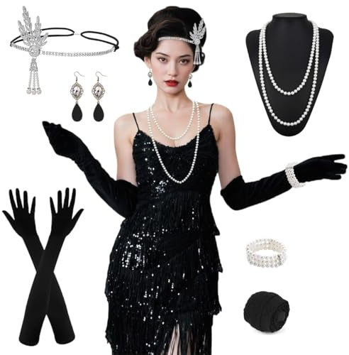 TOSZOLY Disfraz Años 20 Mujer, Vestido Charleston con Flecos y Lentejuelas, Estilo Años 20 con Accesorios Vintage para Fiesta, Carnaval, Halloween, Baile, Fiesta Temática (M)