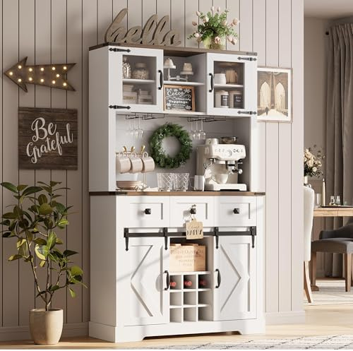 72 in Farmhouse Bar Cabinet with Sliding Barn Door, Tall Kitchen Buffet with Storage Hutch and 3 Drawer, Rustic Coffee Wine Bar Sideboard with Wine & Glasses Rack, for Living Room, Pure White
