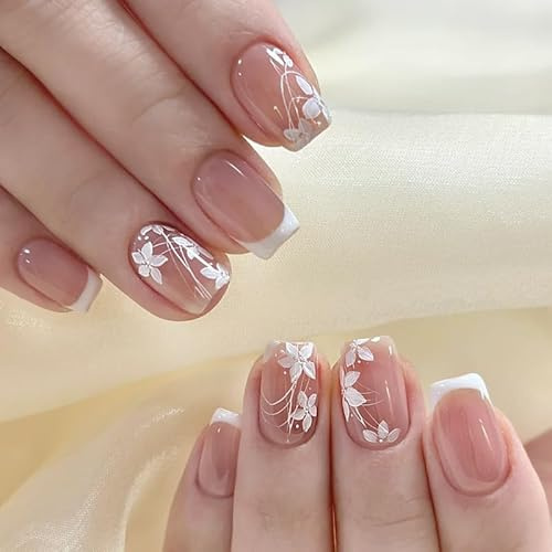 Lot de 30 faux ongles à presser courts carrés brillants avec motif floral, 3 tailles de faux ongles avec ensemble d'outils pour femme