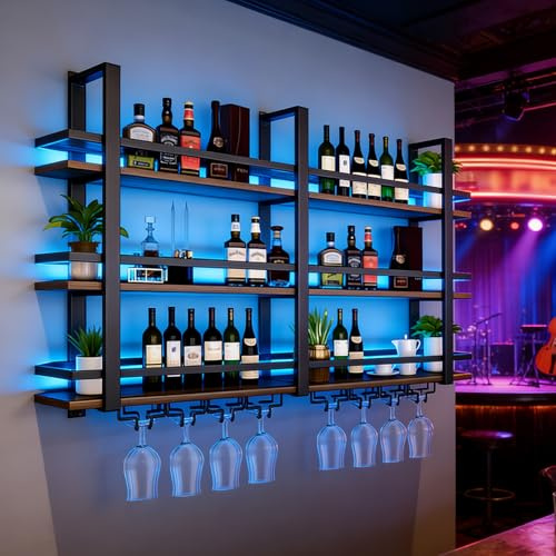 amhricho Wine Rack Wall Mounted with LED Lights, 3 Tier Metal Liquor Floating Display Shelves, with Wine Glass Rack, Iron & Wood Industrial Wall Wine Rack, for Bar, Kitchen, Cafe(Black, 140cm)