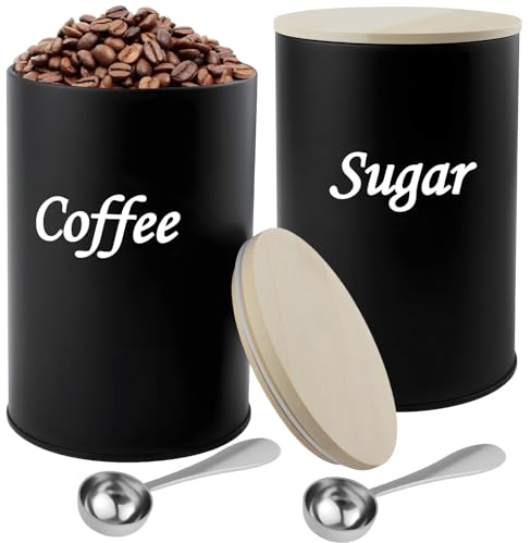 BITEFU 2 Stück Kaffeedose luftdicht, schwarz Kaffeepads Aufbewahrung, mit Holzdeckel, Löffel, 500ml, für Kaffeebohnen, Kaffeepulver, Zucker, Tee, Gewürze
