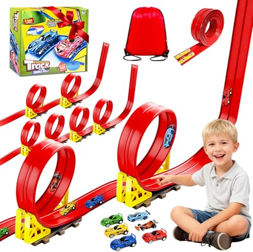Pista de Coches Flexible 5M, Pista de Carreras Enrollable con 6 Coches, Circuito Coches Juguete, Pista de Coches para Niños, Flexible Car Track con 4 Ventosas Regalo para 3 4 5 6 Años (Rojo)