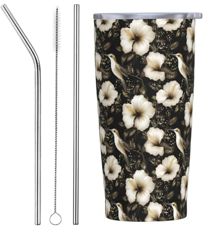 Bicchiere con stampa di colibrì giglio nero oro con coperchio e cannuccia, bicchieri isolati in acciaio inox da 590 ml, bottiglia da caffè personalizzata da viaggio