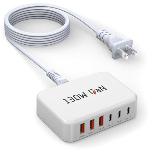 USB C Fast Charger Block,6-Port Charging Station,130W Max Output,No Need to Restart When Inserting a new Device,for iPhone 17 16 15 14 13 12ProMax/Plus/Air,iPad/Pro,Galaxy S26/S25,Power Cord-White