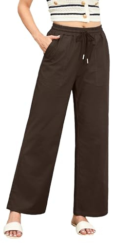Enmain Pantalones Mujer Verano Algodón y Lino Cintura Alta Elasticos Pantalones Largos Ligeros Comodo con Bolsillos Adecuado para la Playa Viajar Pasear Marrón XL