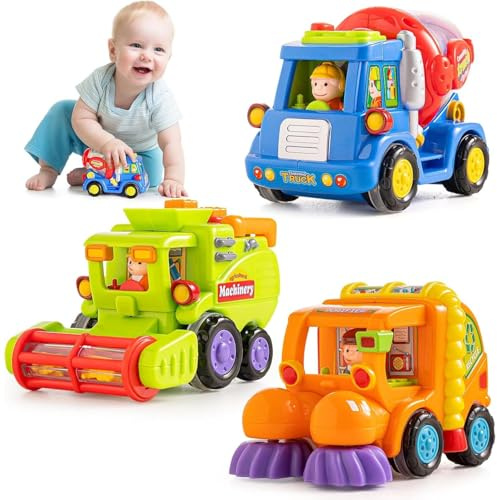 3 PCS Friction-Powered Construction Trucks Toy Set for 1-3 Year Old Boys, Early Educational Sweeper, Mixer, Machinery Trucks, Birthday