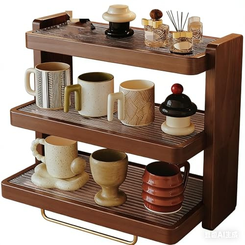 WBRSybUK Porta Tazze A 3 Livelli, Porta Tazze Da Caffè In Legno, Mensola Espositiva Con Gambe In Metallo, Scaffale Portaoggetti A Gradini For Cucina, Corridoio, Sala Da Pranzo(B,Long 52cm)