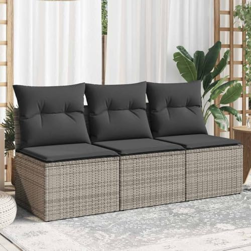 Keeushr Gartensofa mit Kissen 3-Sitzer Grau Poly Rattan, Bequemes PE Rattan Sofa mit Stauraum und wasserfestem Beutel, Abnehmbare Bezüge für einfache Pflege, Modulares Design