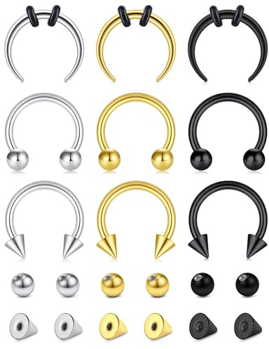 CIZME Septum Piercing 16G 1.2mm Chirurgenstahl Hufeisen Nasenring 10mm Ohr | 21er Set Ring 10mm Kugel Spikes Tragus Lippe Schmuck Helix Ersatz Aufsätze Silber Gold Rosegold Schwarz Frauen Damen