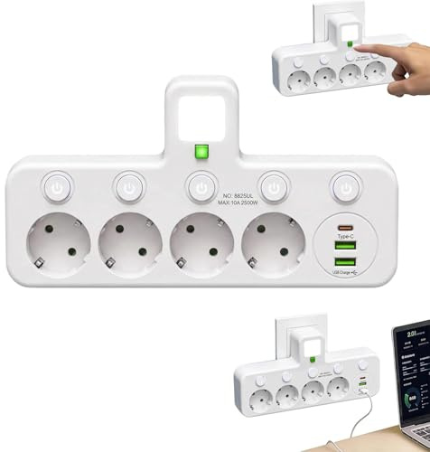 Kabellose Steckdosenleiste ohne Kabel,multifunktionale Adaptersteckdosenleiste,Einzelschaltern,2/3/4/5 Steckplätze mit USB & Type-C,für Küche Wohnzimmer Schlafzimmer Büro (4 Dosen,Weiß)