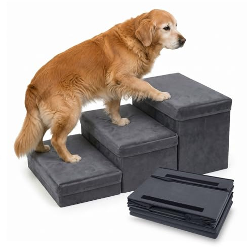 Hundetreppe mit Stauraum 3 Stufen Faltbar 75x40x30cm - Rutschfeste Haustiertreppe für Bett und Sofa - Extra Breite Hunderampe für Kleine und Große Hunde Katzen - Stabile Dog Stairs Dunkelgrau (Grau-3)