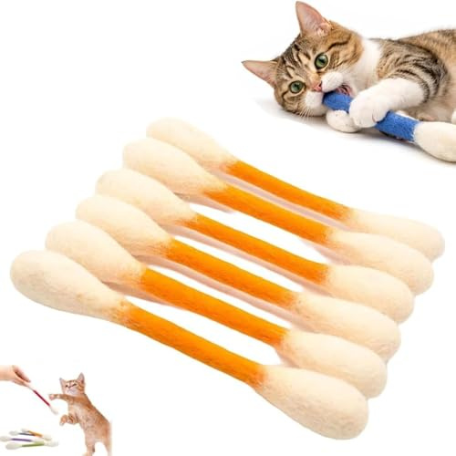 ZHRUOYAO Q Tip kattleksak, 6 st bomullspinnar qtip kattleksak med kattmynta, kattunge tuggleksaker tandningspinnar, interaktiv filt kattunge kicker lek älskare presenttillbehör
