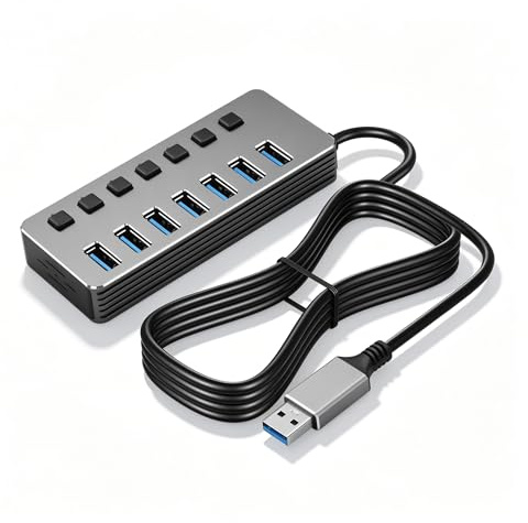 CERRXIAN Hub USB a 7 porte in alluminio con cavo lungo 1,5 m, porta ad alta velocità USB 3.0 + 6 porte USB 2.0 con indicatori LED indipendenti, splitter USB con porta di alimentazione 5V Type-C