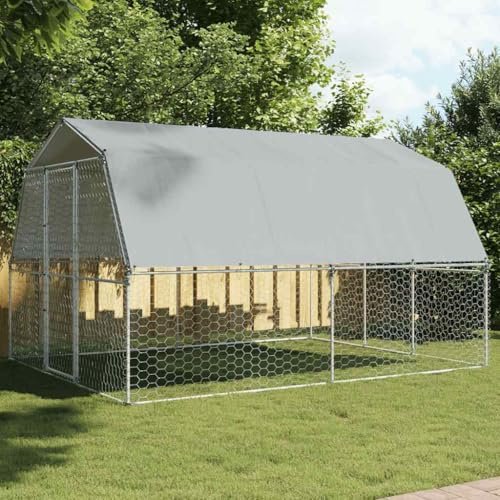 Verzinkter Stahl Hundezwinger mit Dach und Tür Silbern – Stabiler Outdoor-Hundekäfig mit wasserfestem Polyethylen-Dach, Maschendraht-Design für Belüftung und Sicherheit, großer