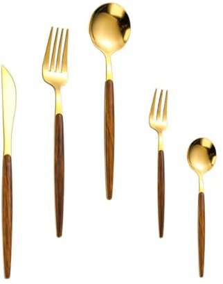Juego de Vajilla de Acero Inoxidable Dorado de 5 Piezas | Madera, Estilo Nórdico Simple y Clásico, Cubiertos Occidentales para Comer Postre y Mesa