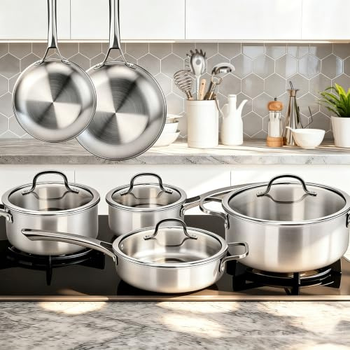 ROVSUN Lot de 10 pièces batterie cuisine acier inoxydable, casseroles poêles marmites 16/18/20/24/26 cm, sans revêtement, facile entretien, couvercles verre inclus, compatible tous feux