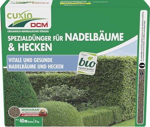 CUXIN DCM Spezialdünger für Nadelbäume & Hecken - Spezialdünger - Langzeitdünger - Mit MINIGRAN® TECHNOLOGY - Für gesunde Nadelbäume - Bio - organisch-mineralischer Dünger - 3 kg