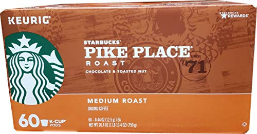 Starbucks Pike Place Medium Roast Coffee 60Count K-Cups Net Wt 26.4 Oz, Chocolate & Toasted Nut, 26.4 oz