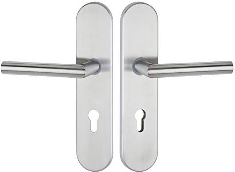 JUVA - Herraje para puerta de casa de acero inoxidable, manilla de protección HE10000 para puerta de vivienda, DIN 72 mm, placa larga con protección contra perforación, 1 juego de puerta