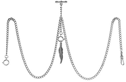 TREEWETO Taschenuhrkette mit T Bar Endstück Gesamtlänge 72cm Doppel Albert T-Bar Taschenuhr Kette mit Antiker Blatt Anhänger und 3 Haken für Weste Knopfloch