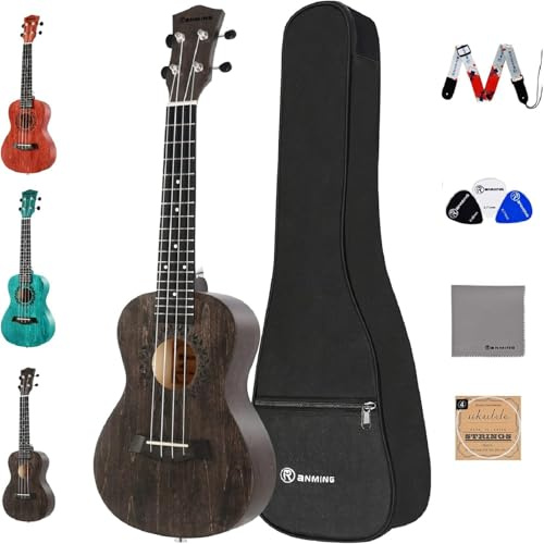 RANMING Ukulele Holz Konzert-Ukulele für Erwachsene Anfänger 58,4 cm Ukulelen Starter Bundle Kit mit Gigbag Gurt Nylonsaite Premium Lindenholz Braun Ukalalee für Erwachsene