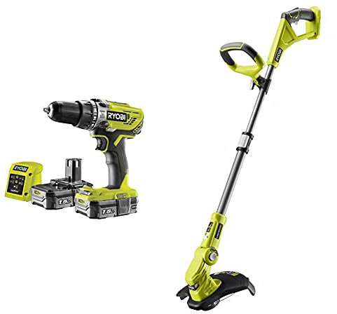 Ryobi R18PD3-215GZ 18 V ONE+ Cordless Combi Drill Starter Kit (2 x 1.5 Ah) & OLT1832 18V ONE+ Cordless Grass Trimmer Only, 25-30cm, Hyper Green