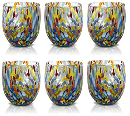 MAZZEGA ART & DESIGN - 6 Verres à Eau Goto, Soufflé et Fait Main avec Murrine de Murano Raffinée et Originale - Les Couleurs de Murano - Modèle Classique 320 ml. Fabriqué en Italie