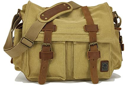 Sechunk Vintage Militär Leder Canvas Umhängetasche Laptop Tasche Retro Messenger Taschen (Khaki, Medium-15‘’)