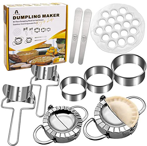 Dumpling Machine, Cook A Future 10-Piece Dumpling Mould Set and Knife Stainless Steel Empanada Press, DIY Chinese Dumpling Pie Wonton Pie Stamper Kitchen Accessories