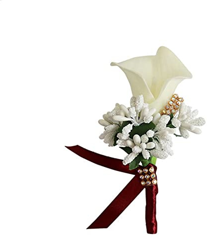 SHTGOI Calla Lily Boutonniere Künstlicher Blumenstrauß Strass Brosche Handgefertigte Ansteckblume mit Sicherheitsnadel Blume Corsagen Hochzeit Zubehör für Braut Bräutigam Milchweiß+Weinrot