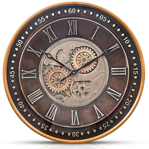 Samilito Wanduhr mit echtem Bewegungsgetriebe Zahnrädern 59,5cm (Metall, Antikes Gold)