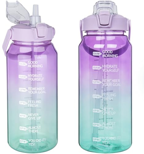 DEARRAY 2l Tritan Trinkflasche mit Strohhalm & Zeitmarkierung 2 liter BPA-frei Motivierend Wasserflasche mit Uhrzeit Große Sportflasche für Gym, Fitness, Wandern