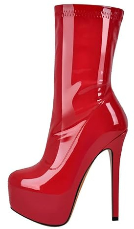 MissHeel Botas de caña corta de plataforma Tacones de aguja Tacones altos Botines elásticos Lacado