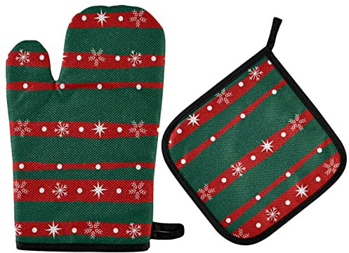 Ofenhandschuh-Set, weihnachtlicher skandinavischer Pullover, Topflappen, Weihnachtsschneeflocke, grün, Küchenofenhandschuh, Backhandschuhe, 2 Stück, Kochherdhandschuhe, Topflappen, Wärmekissen zum Gri