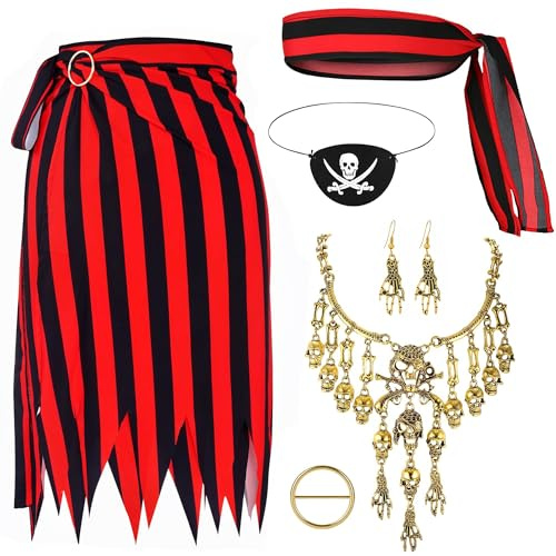 Vifcotlyp Karneval Piratenkostüm Damen, Pirat Kostüm Frauen mit Piraten Rock Kopftuch Halskette Augenklappe Ohrringe Piratenkostüm Accessories Damen für Fasching Halloween Cosplay