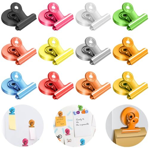 Magnetische Clips, 12 Stücke Magnetclips, Magnetklammern, Magnete mit Klammer, Magnet Klammer für Kühlschrank, Whiteboard Magnettafel Büro Zuhause Küche Schule 12 Farben 39 x 30 mm