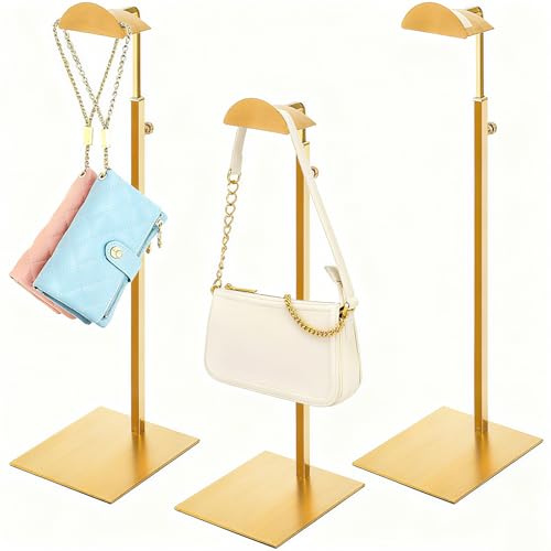 Hacaroa Set of 3 Purse Display Stand Stainless Steel, Adjustable Metal Handbag Holder Gold Tabletop Bag Rack, Single Hook Jewelry Display Stand for Closet, Boutique, Store