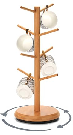 BAMBANG Tassenregal aus Bambus Metallbasis Drehbar Groß,Tassenhalter Holz mit 8 Haken,Tassenständer Tassenbaum Tassen Regal Organizer Aufhängen Ständer Halter,Brezelständer Schmuckständer Natürlich