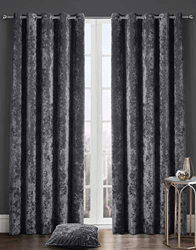 LIZZIE JACOBS Crushed Velvet Luxury Curtains Eyelet Top Fully Lined Thick Curtain Pairs Living Room Bed Room Kitchen Office Ring Top Curtains (Charcoal, 46 wide x 54 drop)