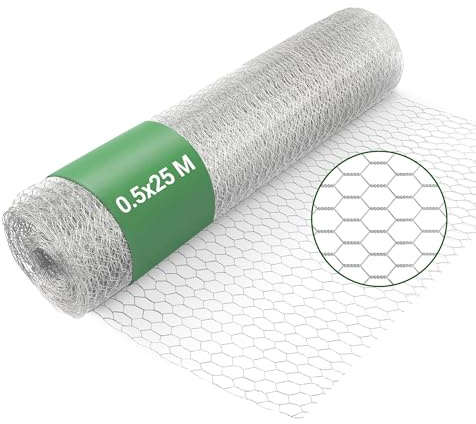 Wiltec Malla metálica de acero galvanizado para pajarera malla hexagonal 50 mm altura 0,5 x longitud 25 m alambre Ø 1 mm malla para conejos y gallinas cercado de animales terrazas y jardines