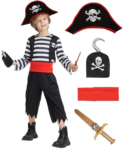 IKALI Kids Pirate Costume, 6 Pcs Boys Caribbean Captain Dress Up Costumes Fancy Striped Outfit for Children Halloween 3-10Y