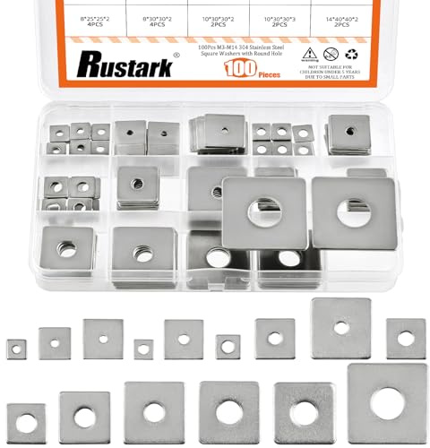 Rustark 100Pcs 15 Sizes M3-M14 304 Stainless Steel Square Plate Washers Assortment Kit Square Bearing Plate Washer Square Washer Flat Washer Fastener for Construction and Industrial Equipment
