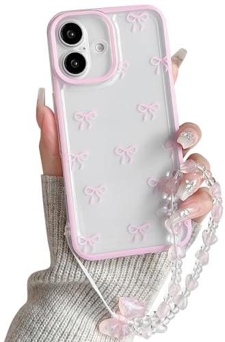 NITITOP Compatible with iPhone 16 Case Cute Clear Pink Durable Ribbon Bowknot Pattern for Girls Women with Chain Wrist Strap Soft TPU Transparent Shockproof Protective Phone Cover - Pink