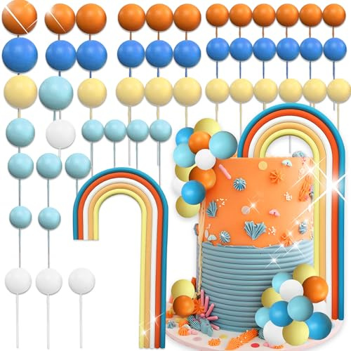 Blue Rainbow Cake Toppers with Balls Cake Picks Blue Dog for Birthday | Groovy Pastel Cupcake Inserts Hippie Wedding Party Supplies