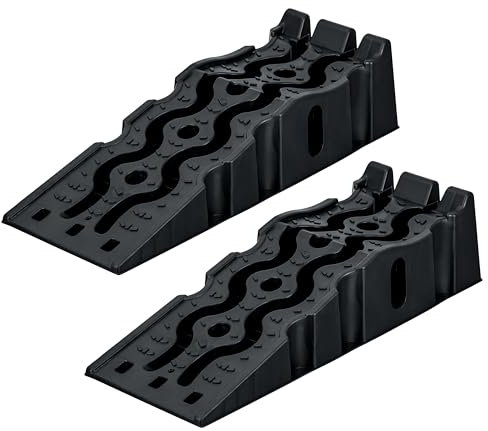 2er Set PKW Auffahrrampen Hochbelastbare Auto Rampen bis 5t Stapelbare KFZ Auffahrrampe für sicheren Halt rutschfest & robust aus HDPE Kunststoff Universalgröße für Reifen bis 28cm