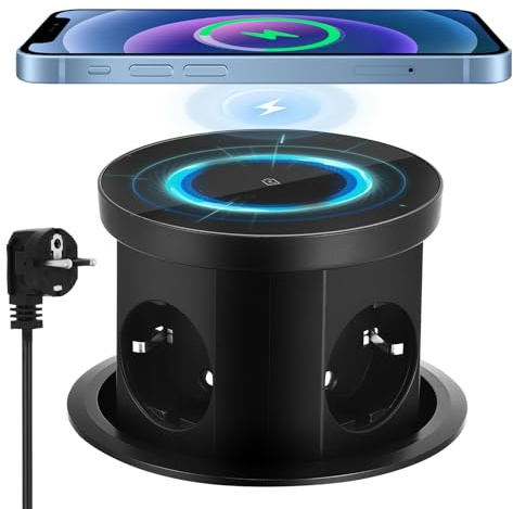 Enchufe retráctil, 3 enchufes empotrados con 1 USB C 1 USB-A, enchufe empotrable de mesa retráctil con cargador inalámbrico de 15 W, para oficina, cocina (negro)