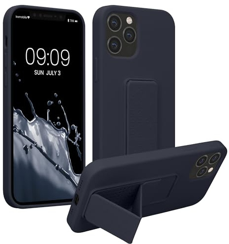 kwmobile Case for Apple iPhone 12 / iPhone 12 Pro Case - Soft TPU Cover with Silicone Coating - With Hand Strap and Stand Function - Shockproof - Blueberry