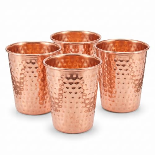 TUNTUN ENTERPRISES Kupferbecher Set 4x250 ml, gehämmertes Kupfer Design, handgefertigte Trinkbecher ohne Innenbeschichtung, Ayurveda Wasserbecher, Kupfergläser für Familie & Gäste