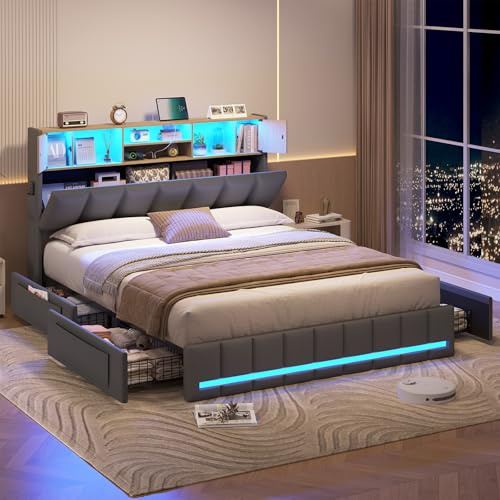 KIMENICH Lit 160 x 200, Lits Double avec LED et Multiprise, Cadre de Lit en Métal avec 4 Tiroirs, Tête de Lits en Bois Capitonnée avec 7 Compartiments, Lits 160 x 200 avec Sommier et Rangement, Gris